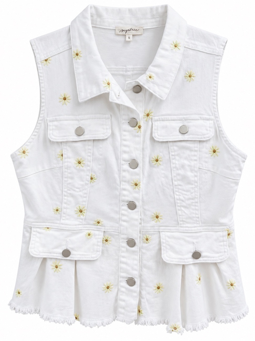 Mystree White Denim Vest with Yellow Daisy Embroidery